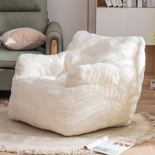 010 - Soft Teddy Fabric Tufted Foam Bean Bag Chair With Teddy Fabric Ivory White - Usofuns