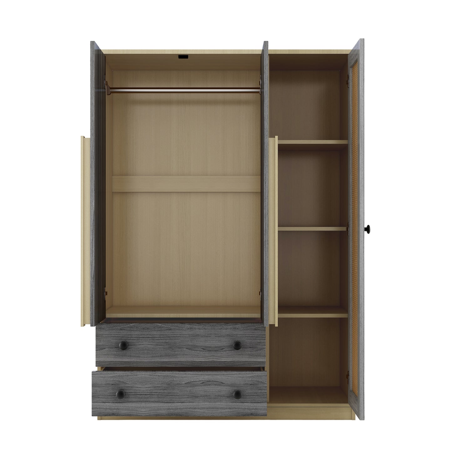 3-Doors Wooden Rattan Wardrobe Storage for Bedroom,with 2 Drawers,Gray+Nature