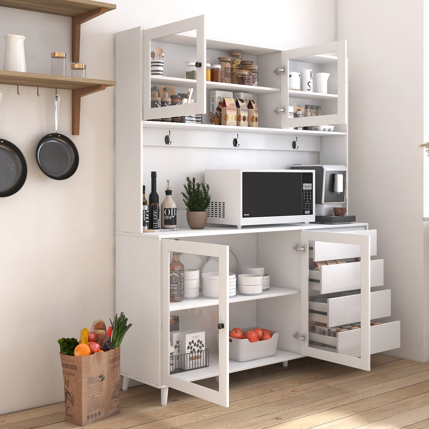 Three-layer White Pantry Cabinet with Drawers
