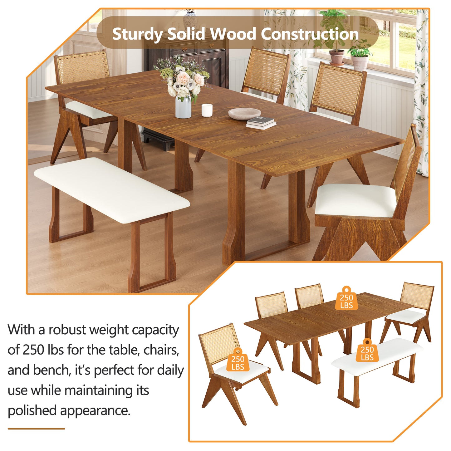 TOPMAX Modern 6-Piece 82.7inch Extendable Dining Table Set with 4 Wicker Back Upholstered Dining Chairs and Long Bench, Two 11.8-inch Removable Leaf,Walnut