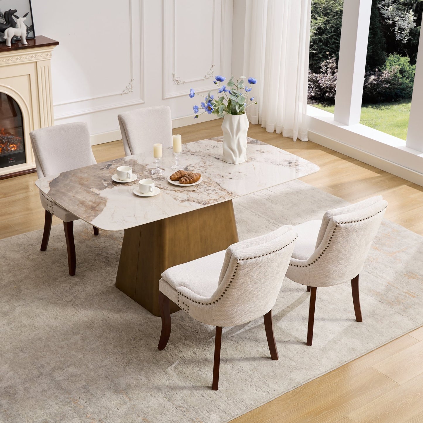 Modern Dining Chairs Set of 2,Double-layer Cushioned Chenille fabric Upholstered Accent Side Leisure Chairs with Mid Back and Curved Solid Wood Legs for Living Room/Dining Room-Beige
