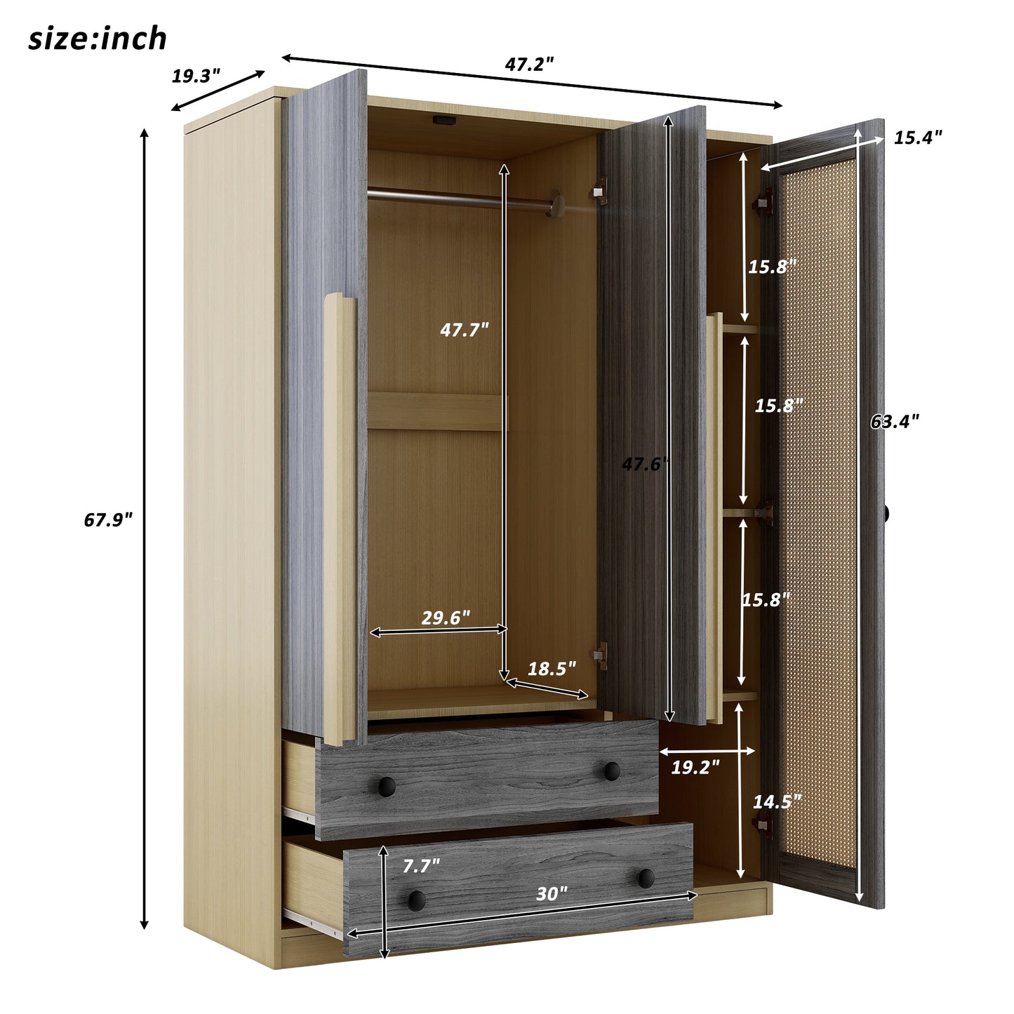 3-Doors Wooden Rattan Wardrobe Storage for Bedroom,with 2 Drawers,Gray+Nature