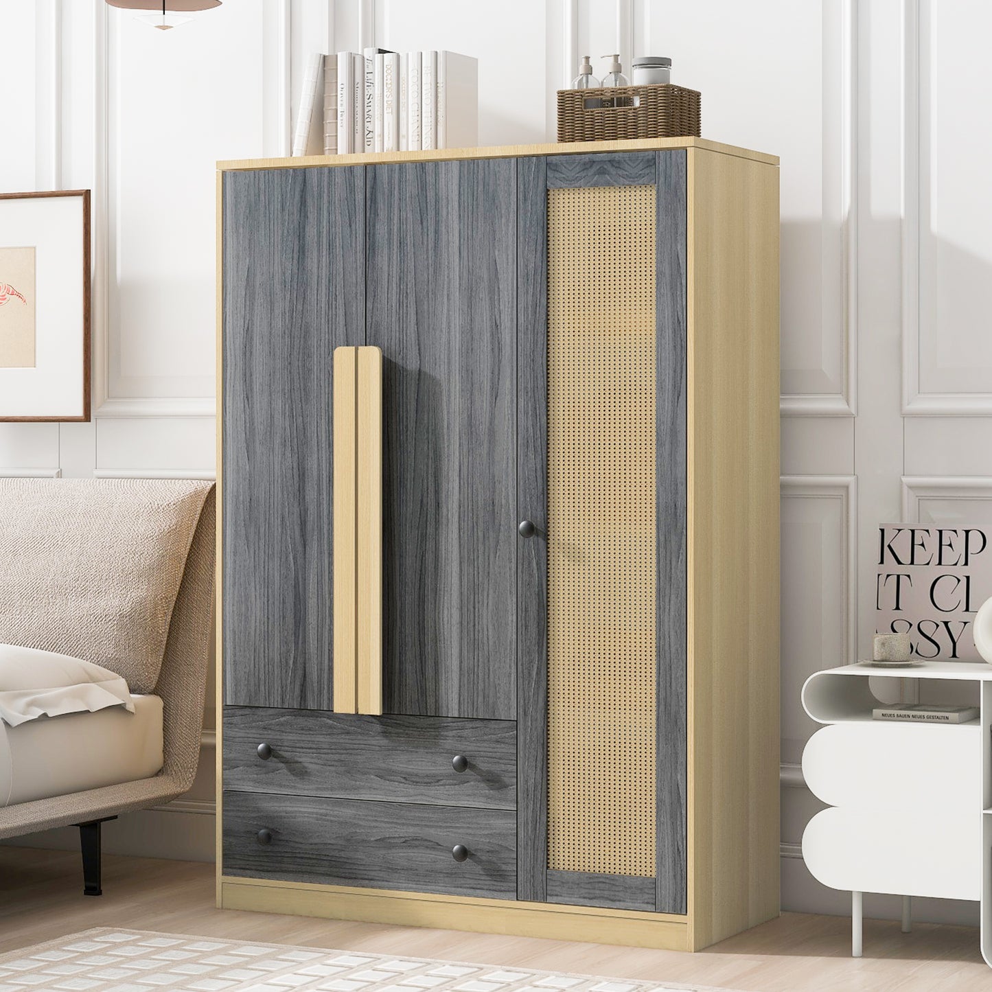 3-Doors Wooden Rattan Wardrobe Storage for Bedroom,with 2 Drawers,Gray+Nature