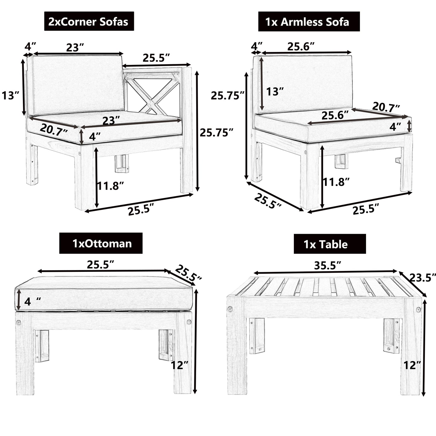 TOPMAX Outdoor Backyard Patio Wood 5-Piece Sectional Sofa Seating Group Set with Cushions, Natural Finish+ Beige Cushions