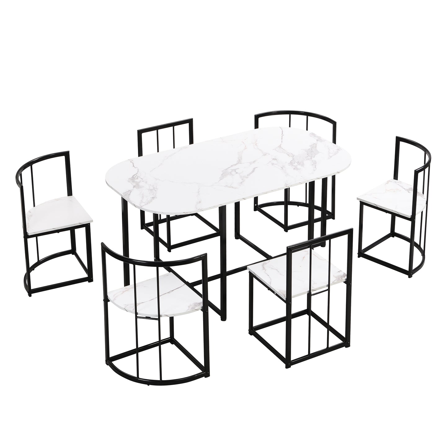 TOPMAX Modern 7-Piece Dining Table Set with Faux Marble Compact 55Inch Kitchen Table Set for 6, Black+White
