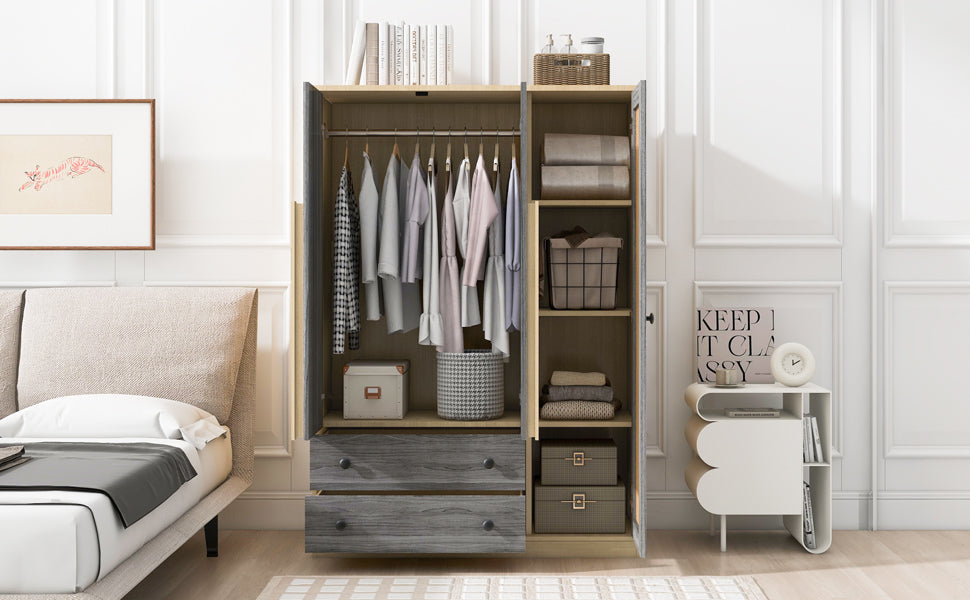 3-Doors Wooden Rattan Wardrobe Storage for Bedroom,with 2 Drawers,Gray+Nature