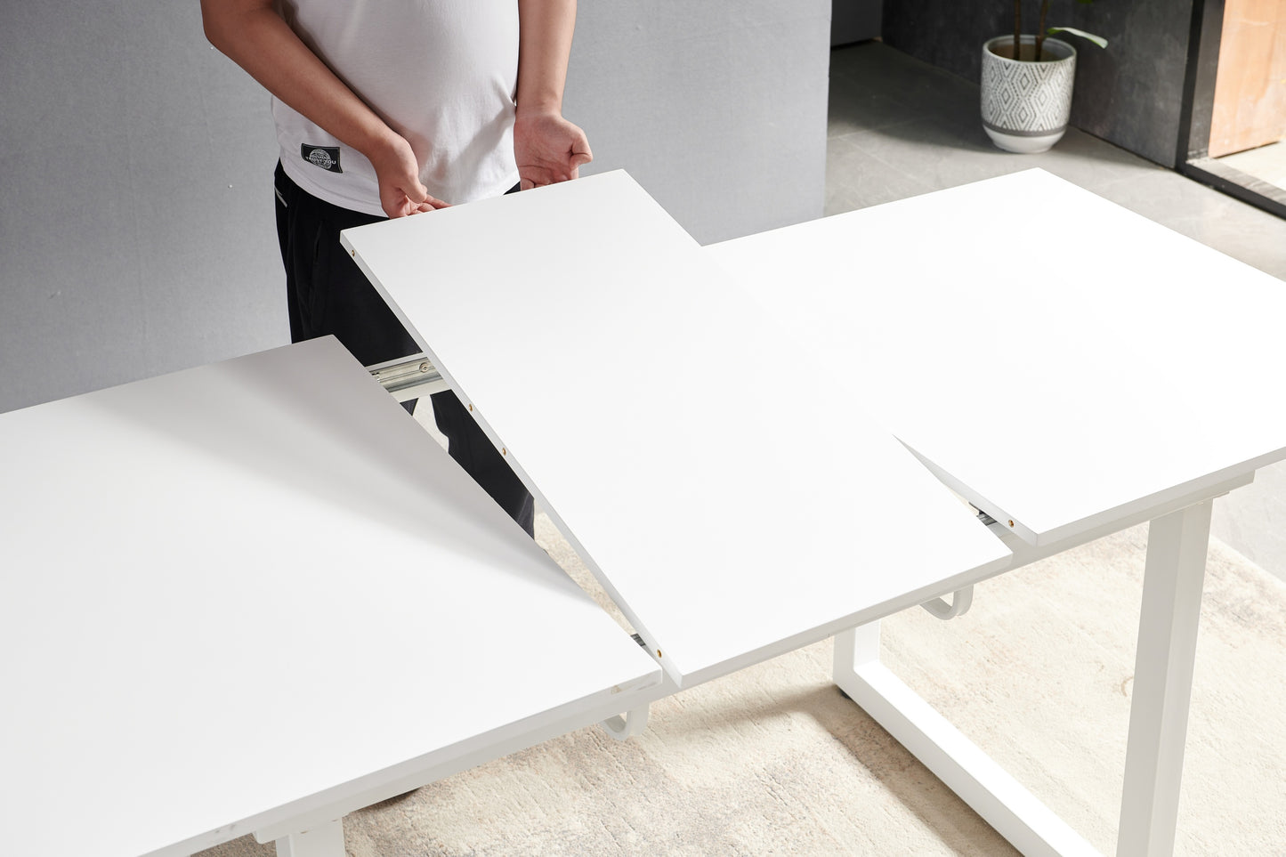white color,Square Extendable Dining Table with metal leg,Modern Space Saving Kitchen Table for Living Room( 70.86" W x 31.5" D x 29.5" H)