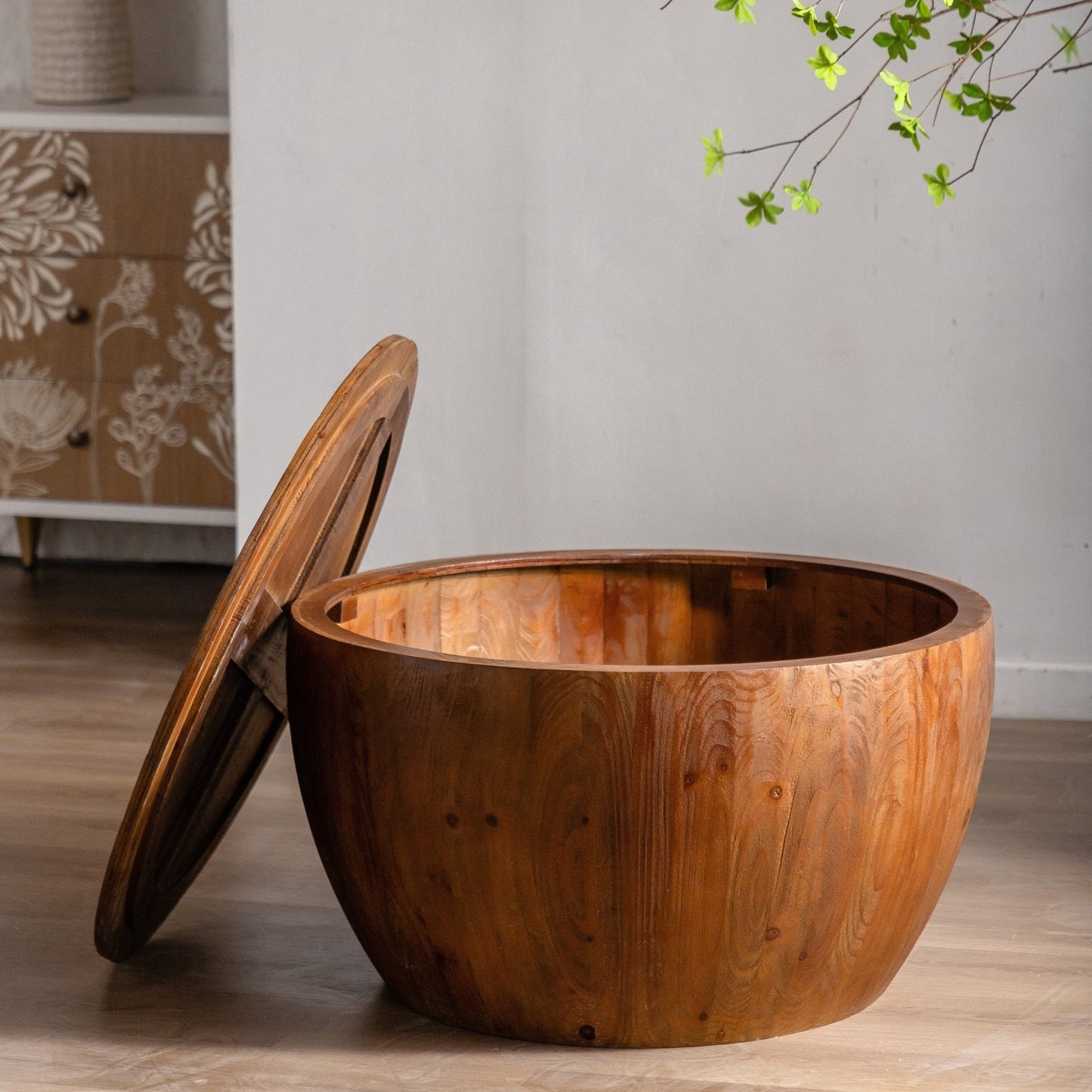 31.50'Vintage Style Bucket Shaped Coffee Table with storage function, for Office, Dining Room and Living Room, Brown - Usofuns