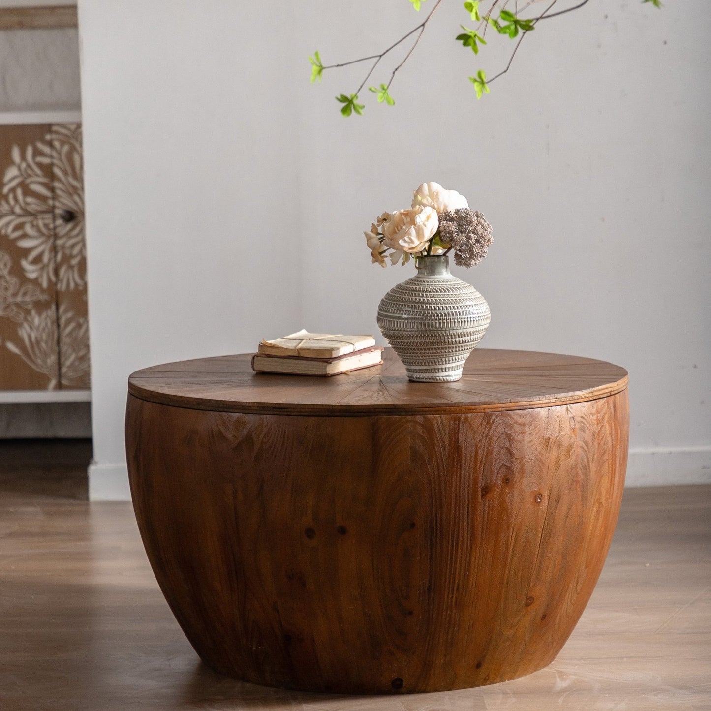 31.50'Vintage Style Bucket Shaped Coffee Table with storage function, for Office, Dining Room and Living Room, Brown - Usofuns