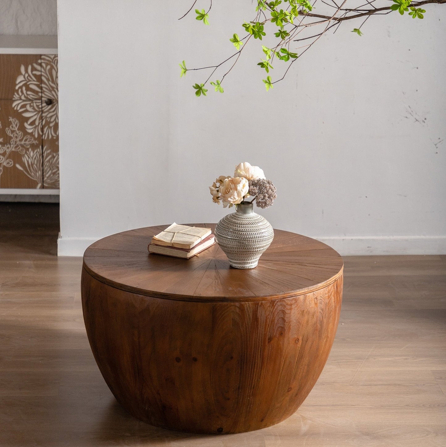 31.50'Vintage Style Bucket Shaped Coffee Table with storage function, for Office, Dining Room and Living Room, Brown - Usofuns