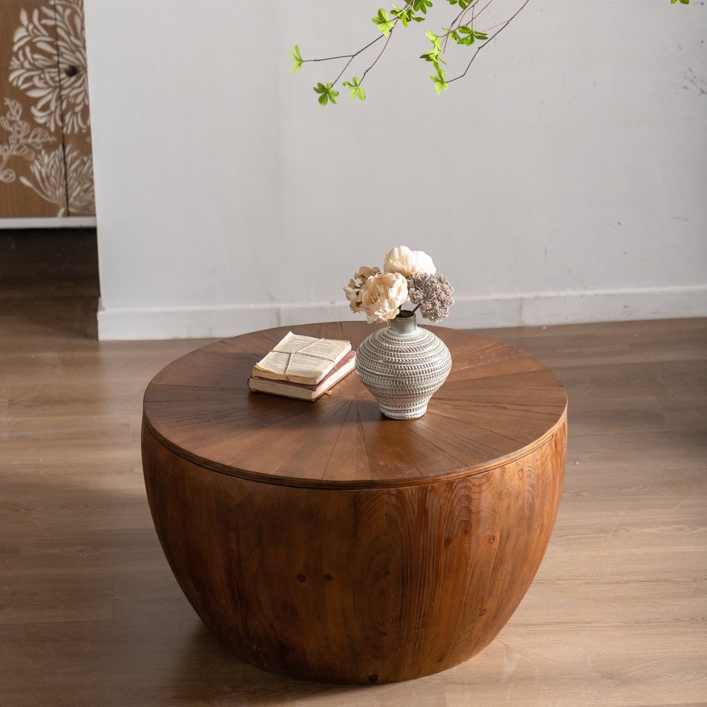 31.50'Vintage Style Bucket Shaped Coffee Table with storage function, for Office, Dining Room and Living Room, Brown - Usofuns