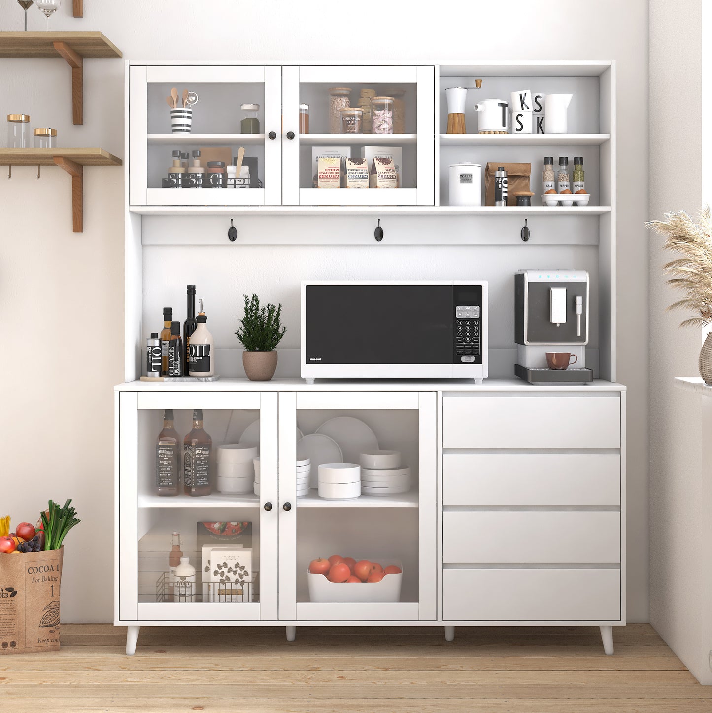 Three-layer White Pantry Cabinet with Drawers