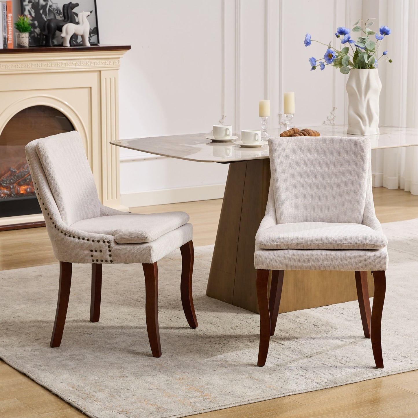 Modern Dining Chairs Set of 2,Double-layer Cushioned Chenille fabric Upholstered Accent Side Leisure Chairs with Mid Back and Curved Solid Wood Legs for Living Room/Dining Room-Beige