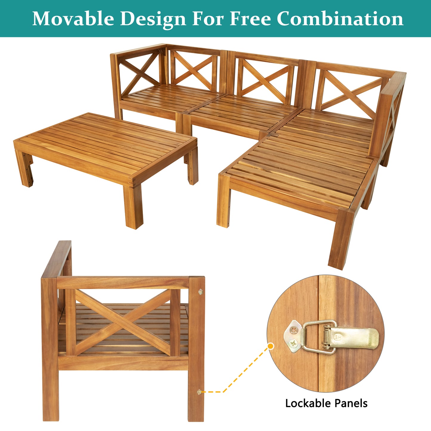 TOPMAX Outdoor Backyard Patio Wood 5-Piece Sectional Sofa Seating Group Set with Cushions, Natural Finish+ Beige Cushions