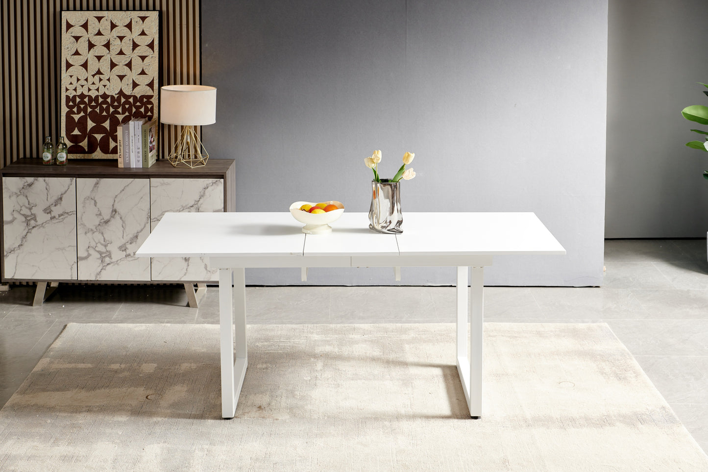 white color,Square Extendable Dining Table with metal leg,Modern Space Saving Kitchen Table for Living Room( 70.86" W x 31.5" D x 29.5" H)