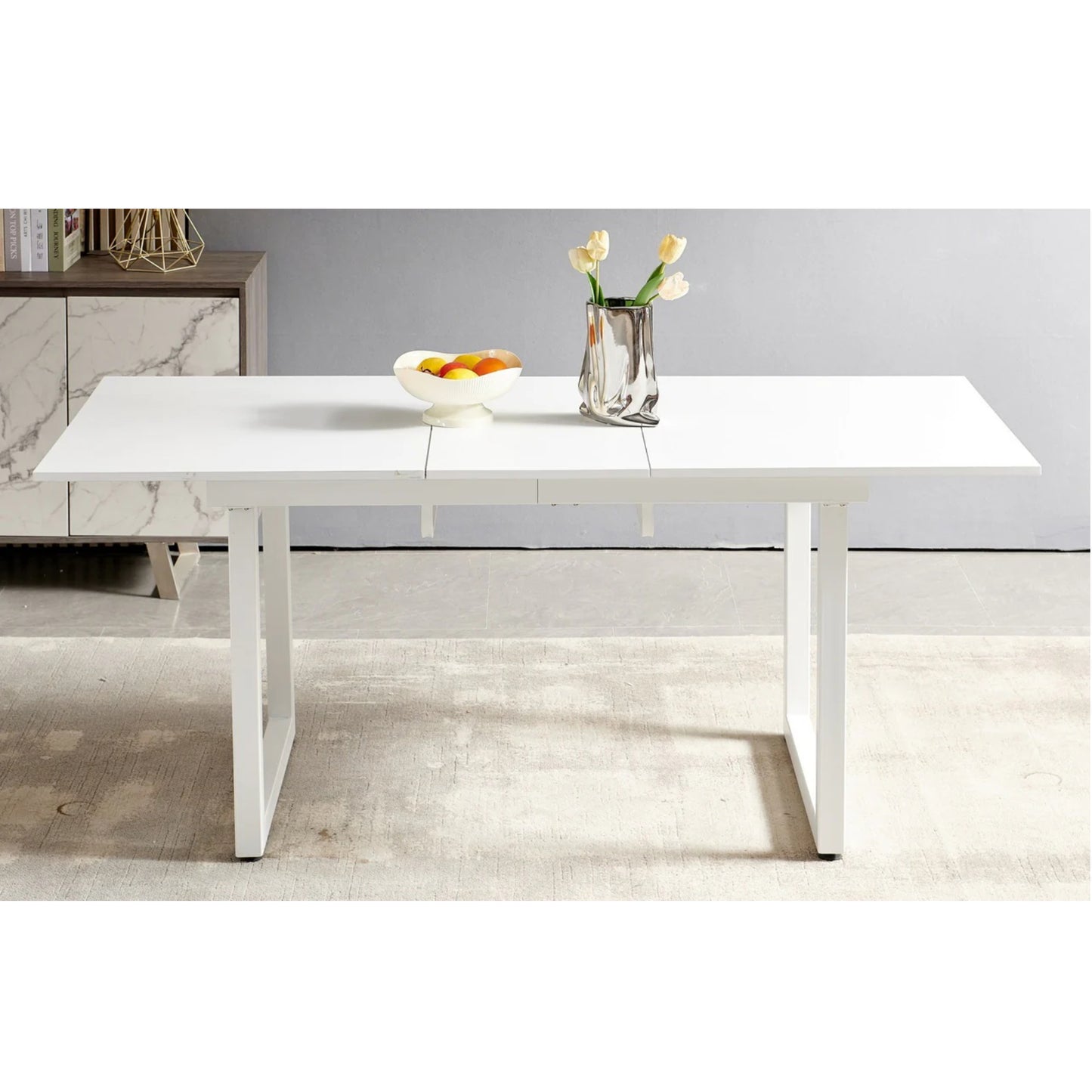 white color,Square Extendable Dining Table with metal leg,Modern Space Saving Kitchen Table for Living Room( 70.86" W x 31.5" D x 29.5" H)