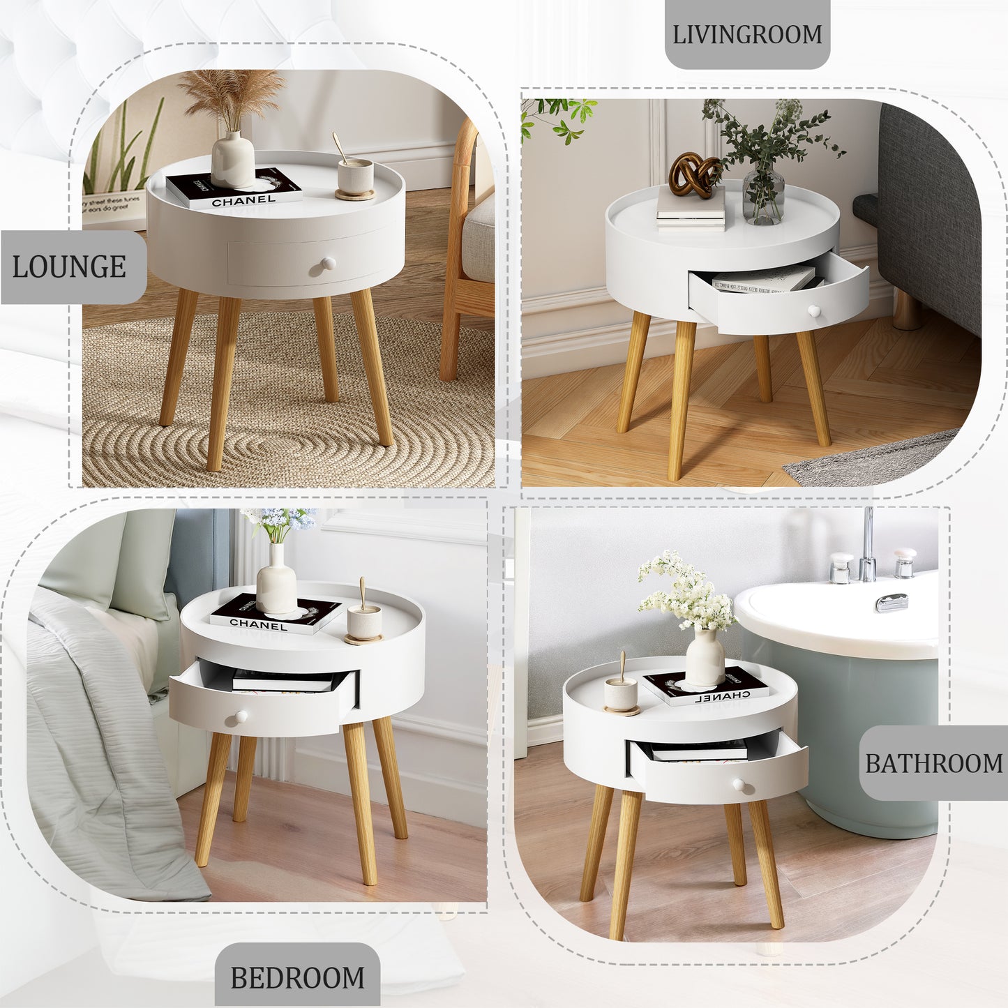 18'H Nightstand with Storage Drawer & Oak Legs Bedside Table, Sofa Side Coffee Table for Bedroom, Living Room, White