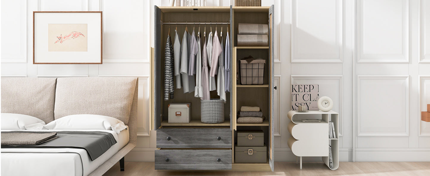 3-Doors Wooden Rattan Wardrobe Storage for Bedroom,with 2 Drawers,Gray+Nature
