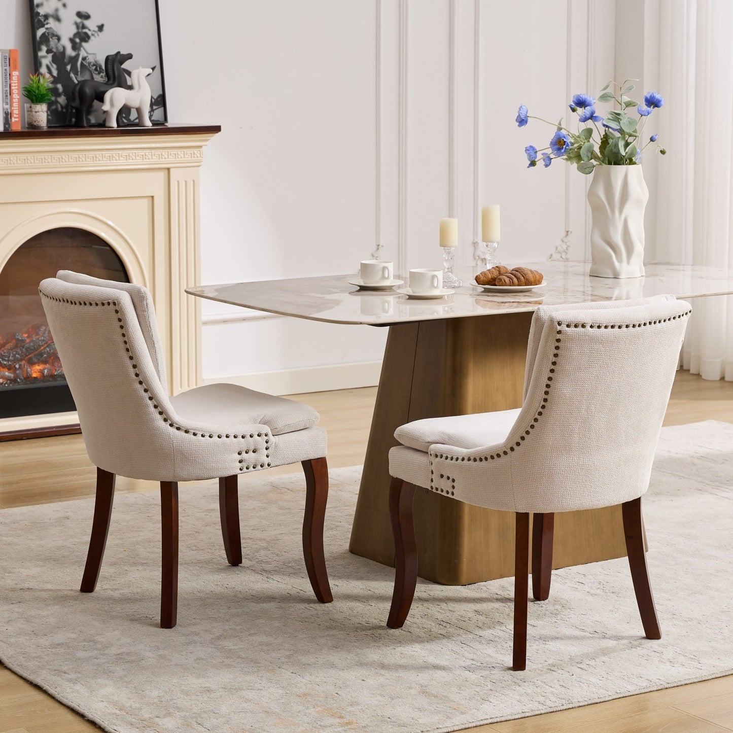 Modern Dining Chairs Set of 2,Double-layer Cushioned Chenille fabric Upholstered Accent Side Leisure Chairs with Mid Back and Curved Solid Wood Legs for Living Room/Dining Room-Beige