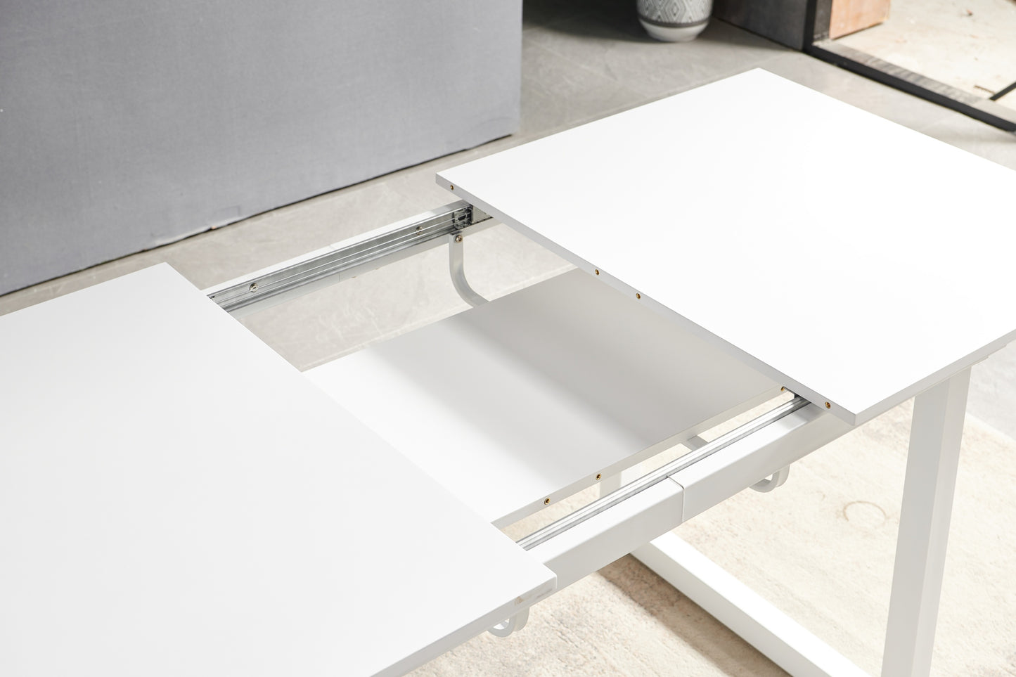 white color,Square Extendable Dining Table with metal leg,Modern Space Saving Kitchen Table for Living Room( 70.86" W x 31.5" D x 29.5" H)