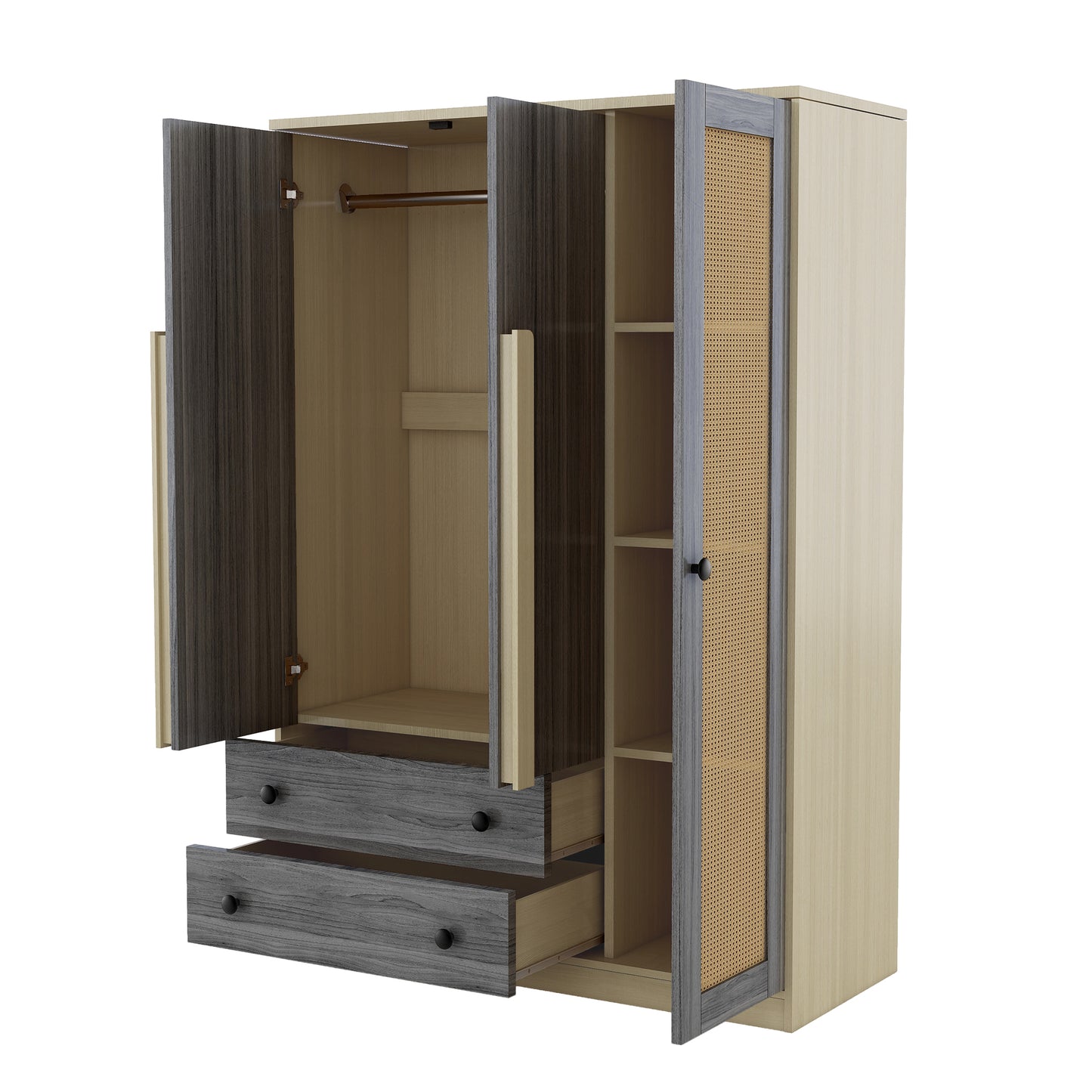 3-Doors Wooden Rattan Wardrobe Storage for Bedroom,with 2 Drawers,Gray+Nature