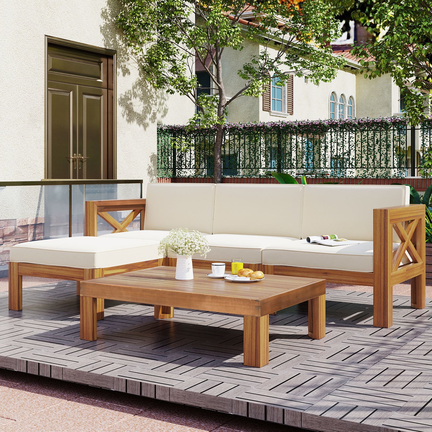 TOPMAX Outdoor Backyard Patio Wood 5-Piece Sectional Sofa Seating Group Set with Cushions, Natural Finish+ Beige Cushions