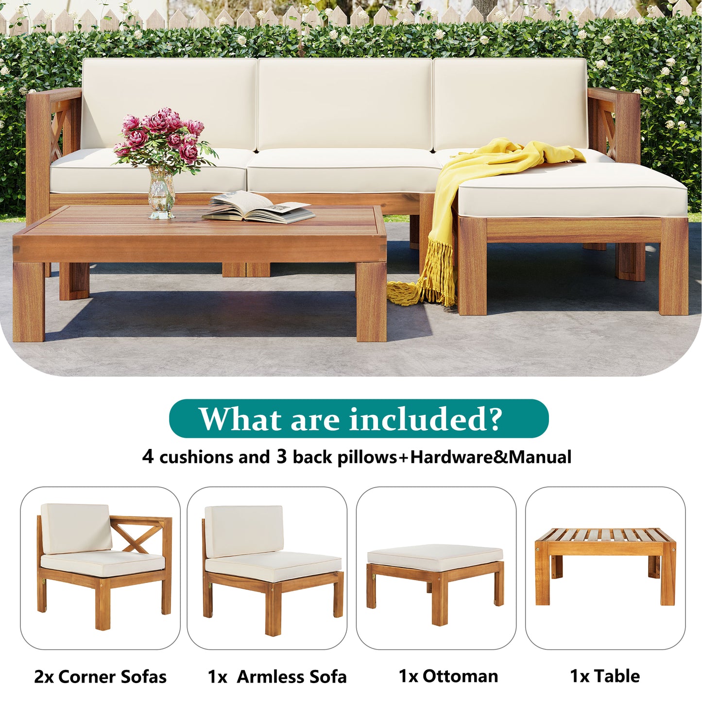 TOPMAX Outdoor Backyard Patio Wood 5-Piece Sectional Sofa Seating Group Set with Cushions, Natural Finish+ Beige Cushions