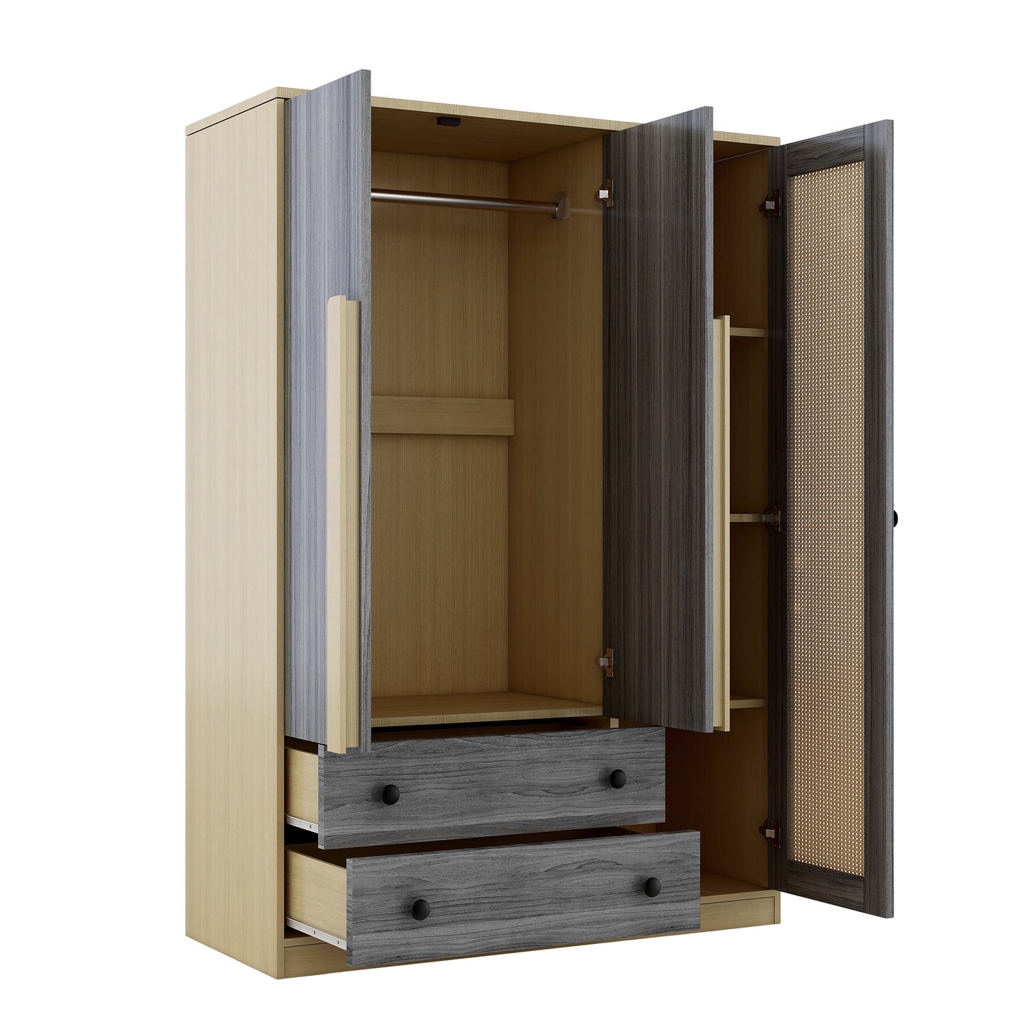 3-Doors Wooden Rattan Wardrobe Storage for Bedroom,with 2 Drawers,Gray+Nature
