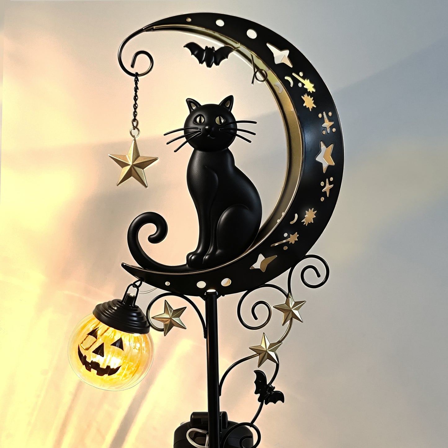 Halloween Garden Stake Light with Black Cat & Pumpkin