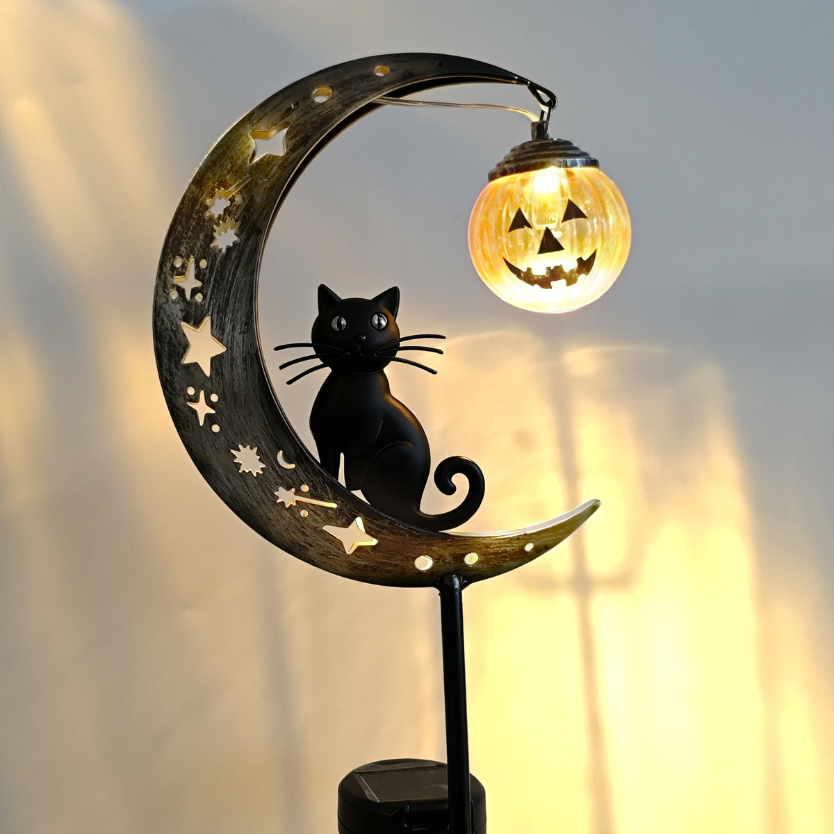 Halloween Garden Stake Light with Black Cat & Pumpkin