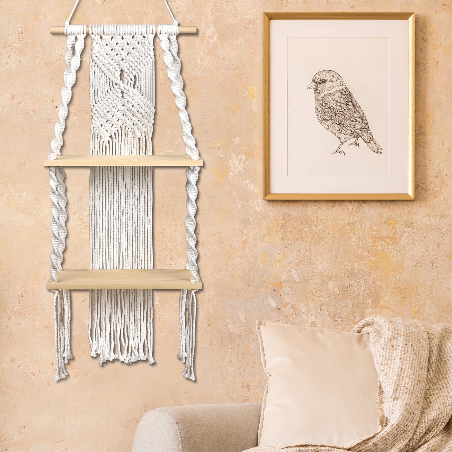 Handwoven Macrame Wall Shelf - Boho Plant Hanger