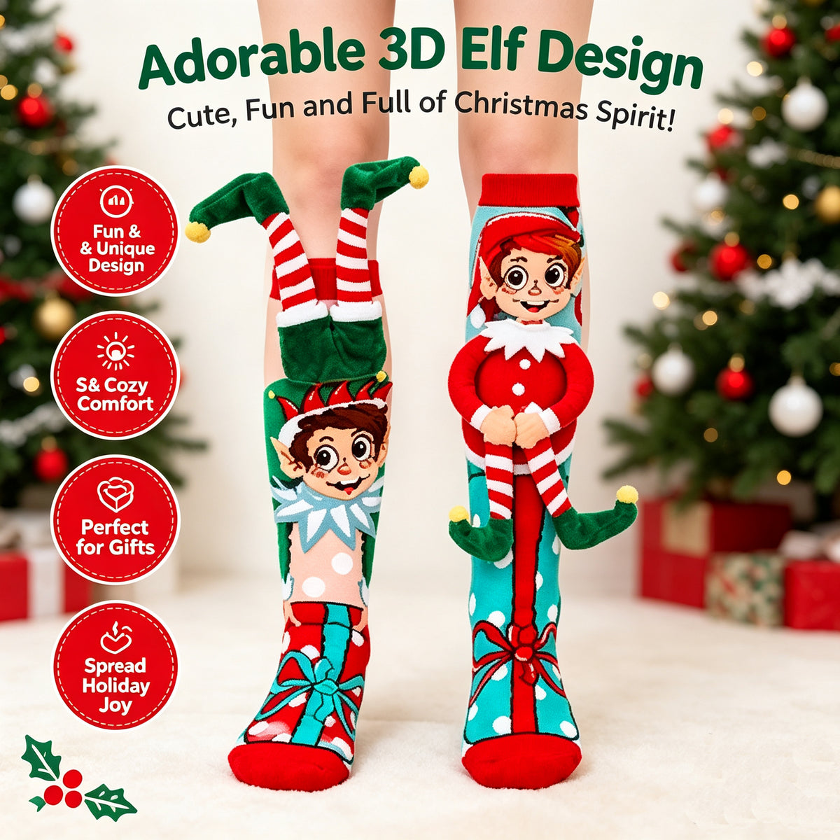 3D Christmas Elf Socks – Fun Plush Character Socks