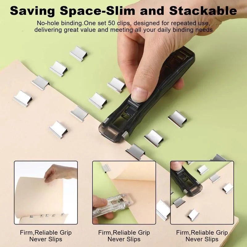 Portable Binder Clip Stapler - Includes 58 reusable clips