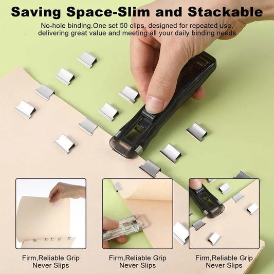 Portable Binder Clip Stapler - Includes 58 reusable clips