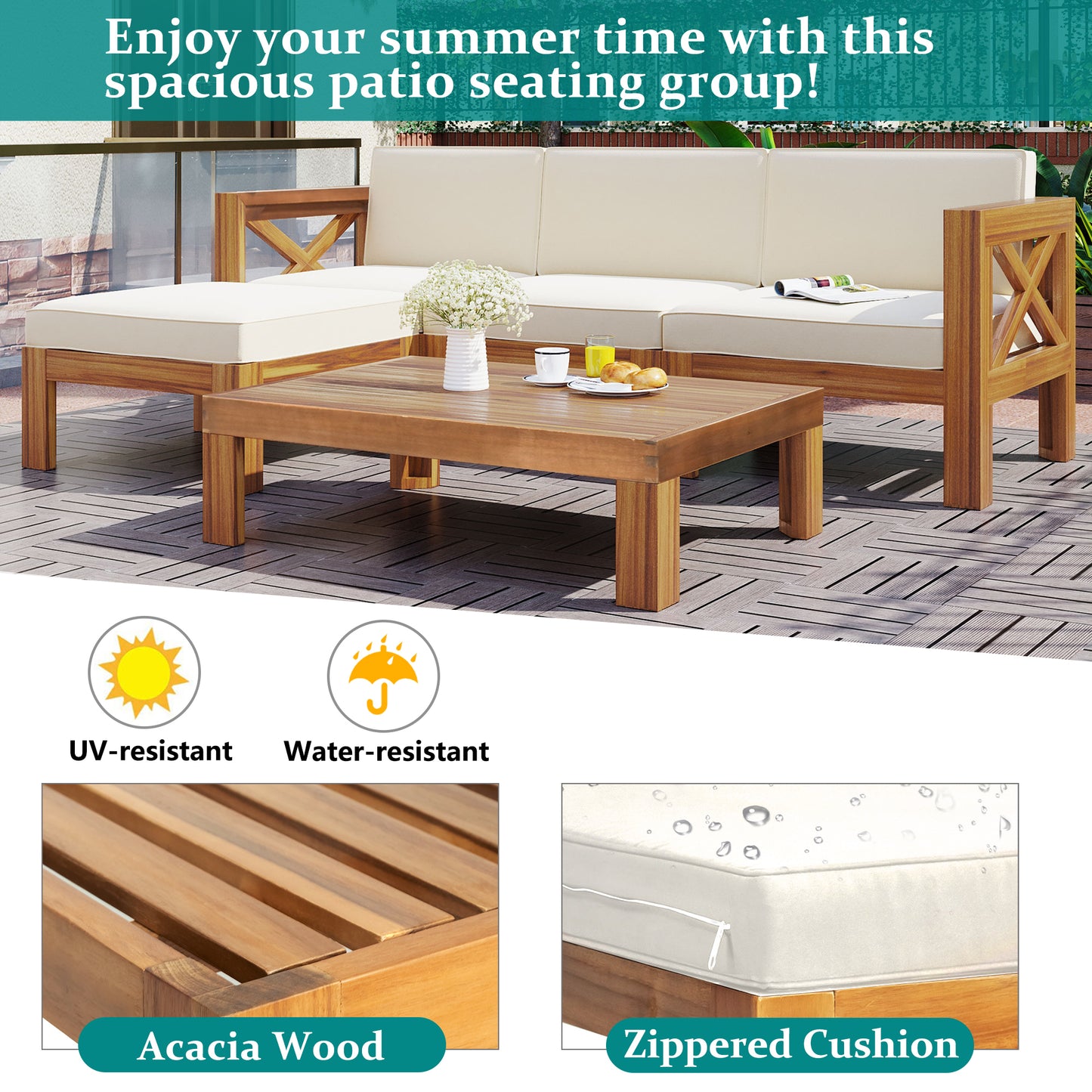 TOPMAX Outdoor Backyard Patio Wood 5-Piece Sectional Sofa Seating Group Set with Cushions, Natural Finish+ Beige Cushions