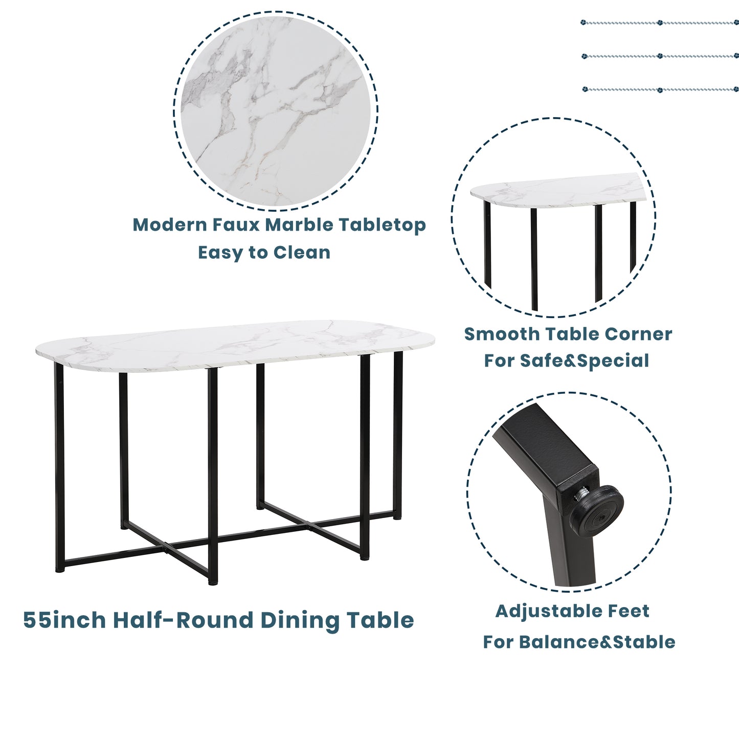 TOPMAX Modern 7-Piece Dining Table Set with Faux Marble Compact 55Inch Kitchen Table Set for 6, Black+White