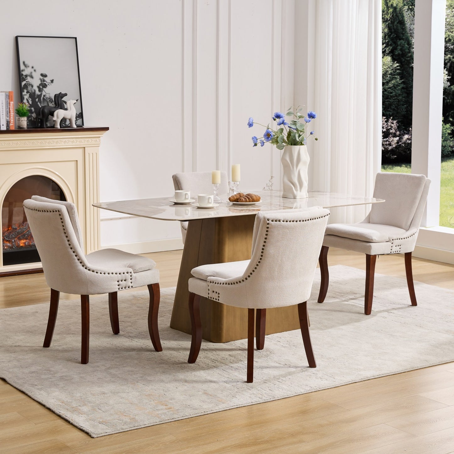 Modern Dining Chairs Set of 2,Double-layer Cushioned Chenille fabric Upholstered Accent Side Leisure Chairs with Mid Back and Curved Solid Wood Legs for Living Room/Dining Room-Beige
