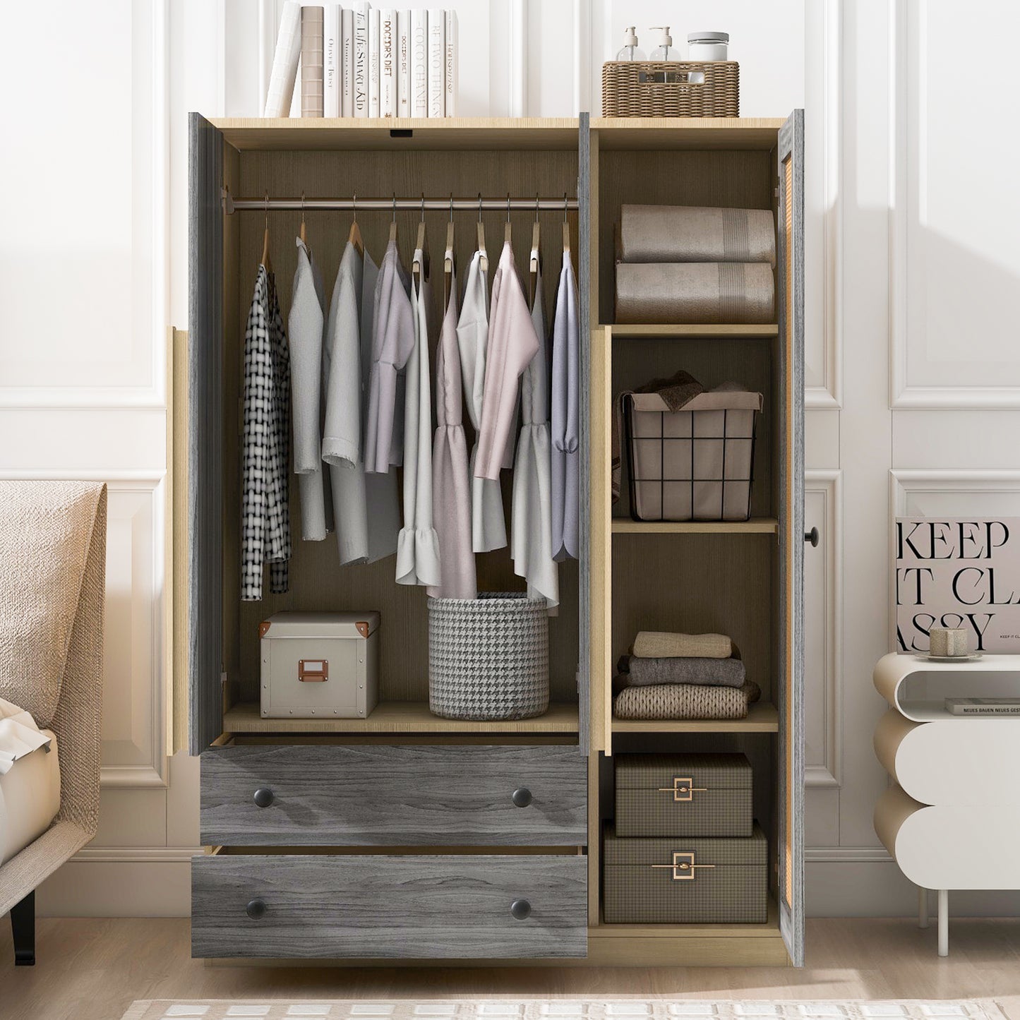 3-Doors Wooden Rattan Wardrobe Storage for Bedroom,with 2 Drawers,Gray+Nature