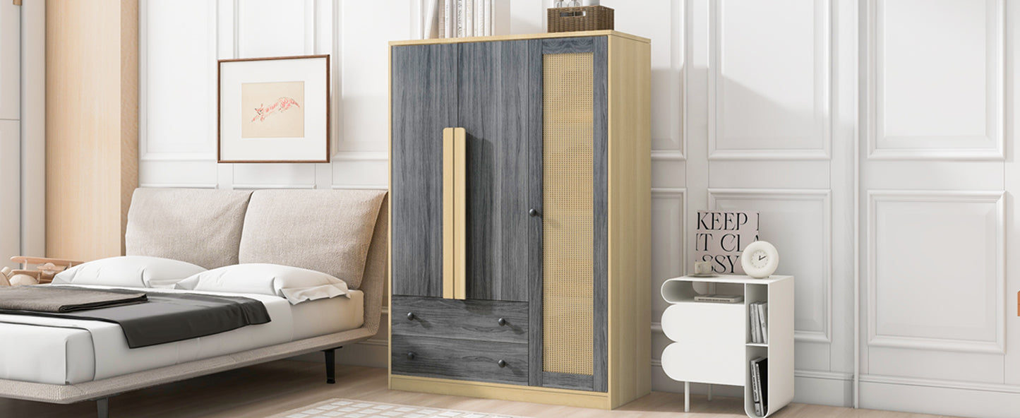3-Doors Wooden Rattan Wardrobe Storage for Bedroom,with 2 Drawers,Gray+Nature