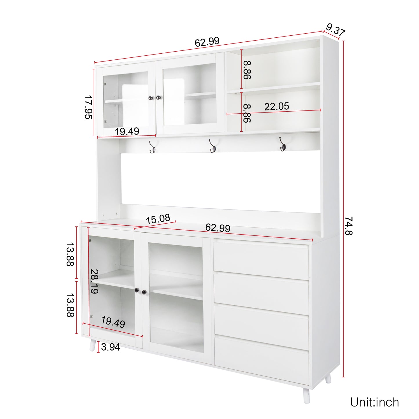 Three-layer White Pantry Cabinet with Drawers