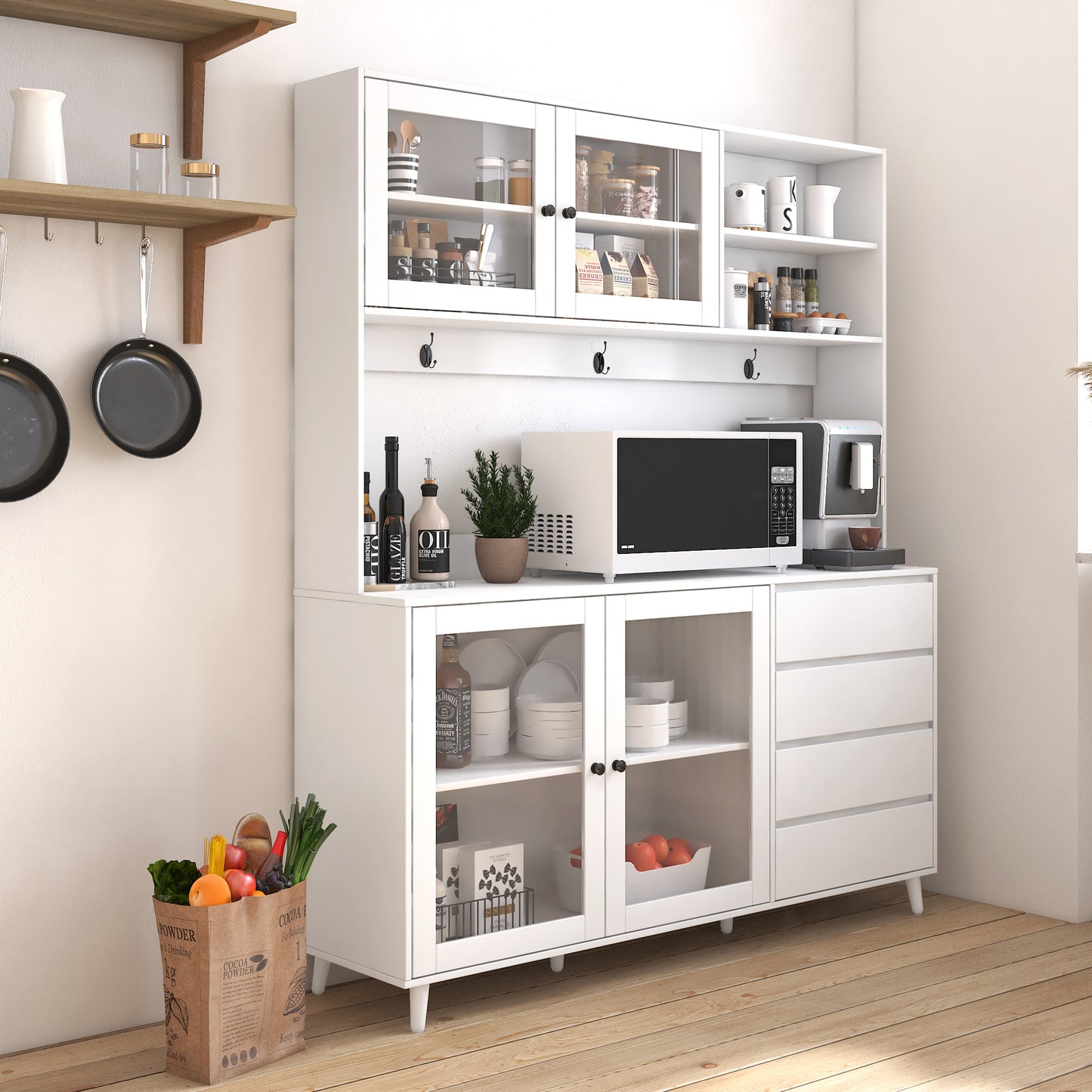 Three-layer White Pantry Cabinet with Drawers