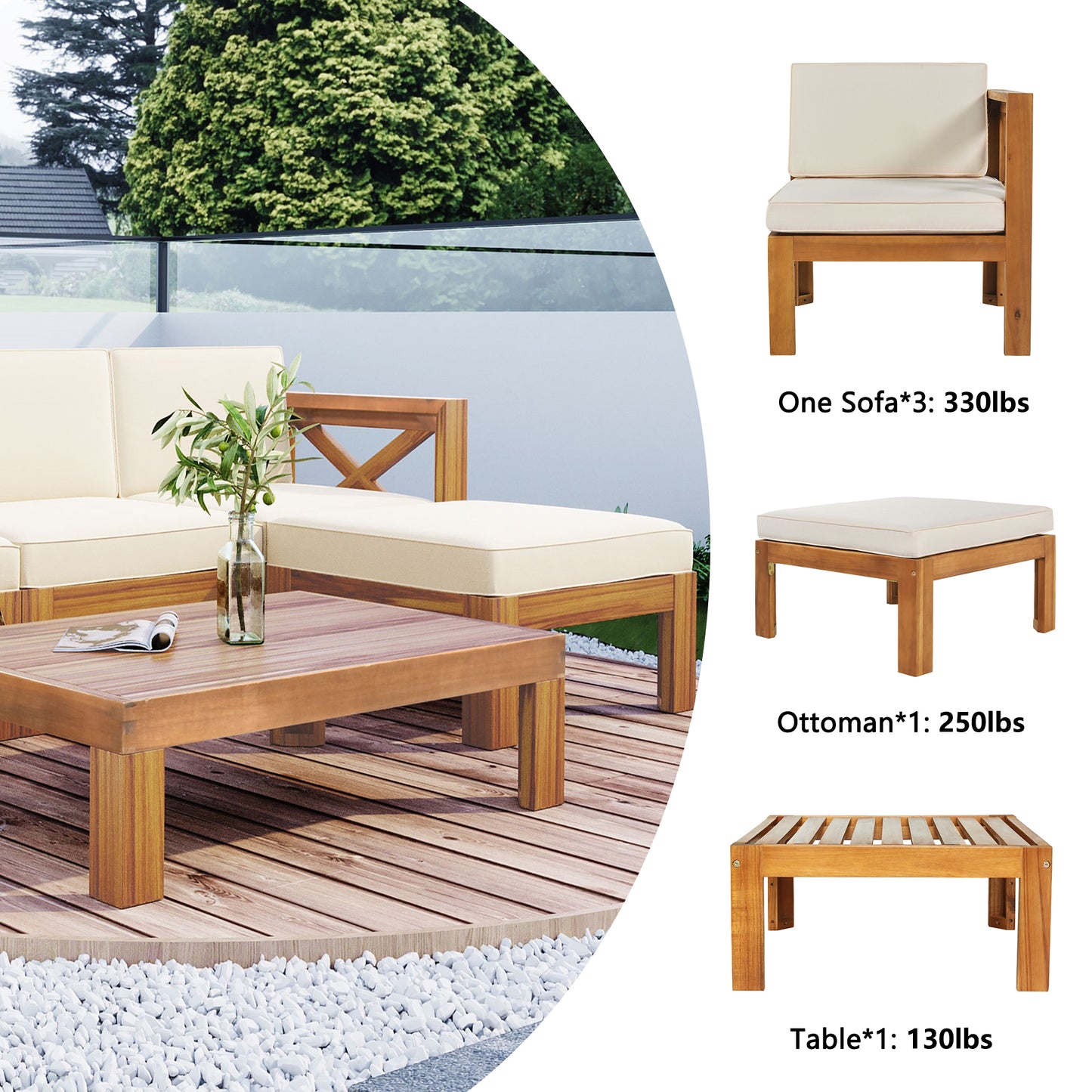 TOPMAX Outdoor Backyard Patio Wood 5-Piece Sectional Sofa Seating Group Set with Cushions, Natural Finish+ Beige Cushions