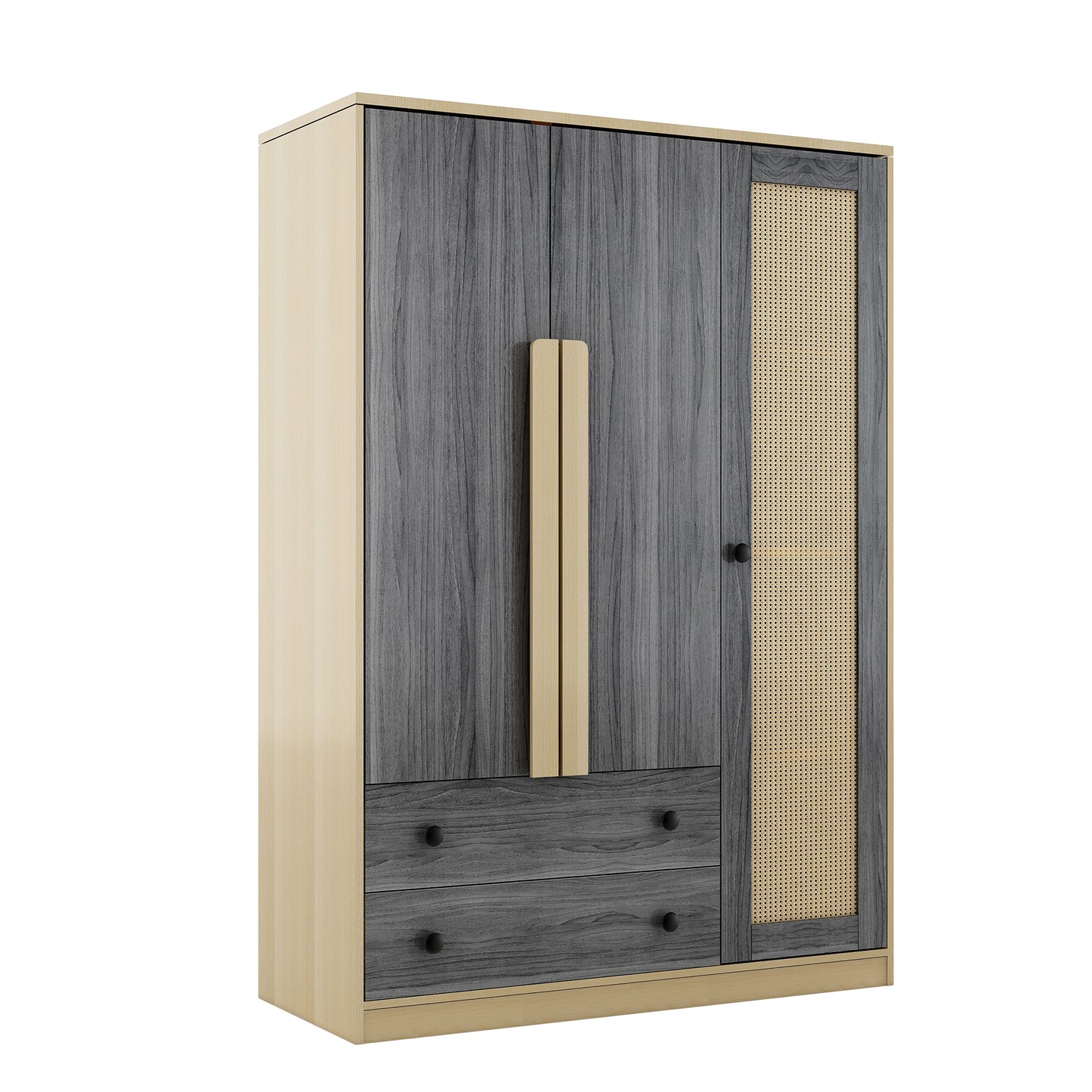 3-Doors Wooden Rattan Wardrobe Storage for Bedroom,with 2 Drawers,Gray+Nature