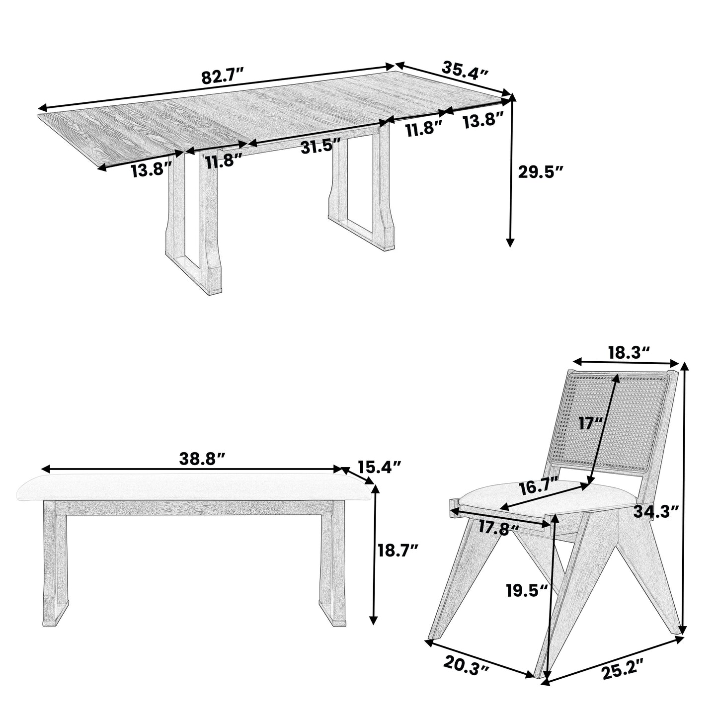 USOFUNS 6-Piece Modern Rubber Wood Dining Set