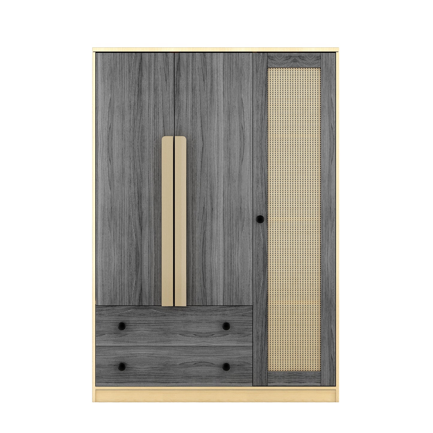 3-Doors Wooden Rattan Wardrobe Storage for Bedroom,with 2 Drawers,Gray+Nature