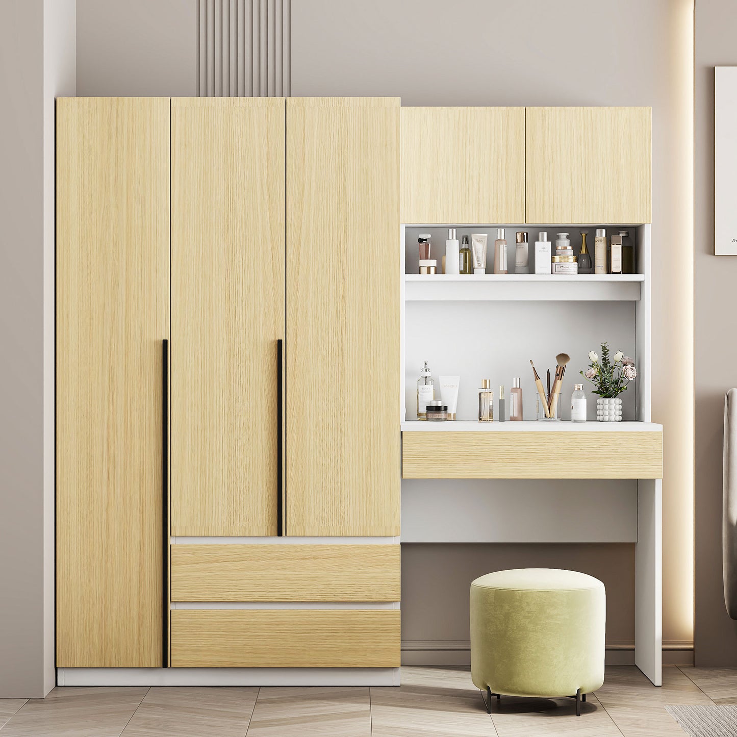 3-Door Wooden Storage Desk Wardrobe for Bedroom with Shelves and 3 Drawers, Natural