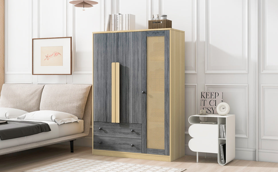 3-Doors Wooden Rattan Wardrobe Storage for Bedroom,with 2 Drawers,Gray+Nature