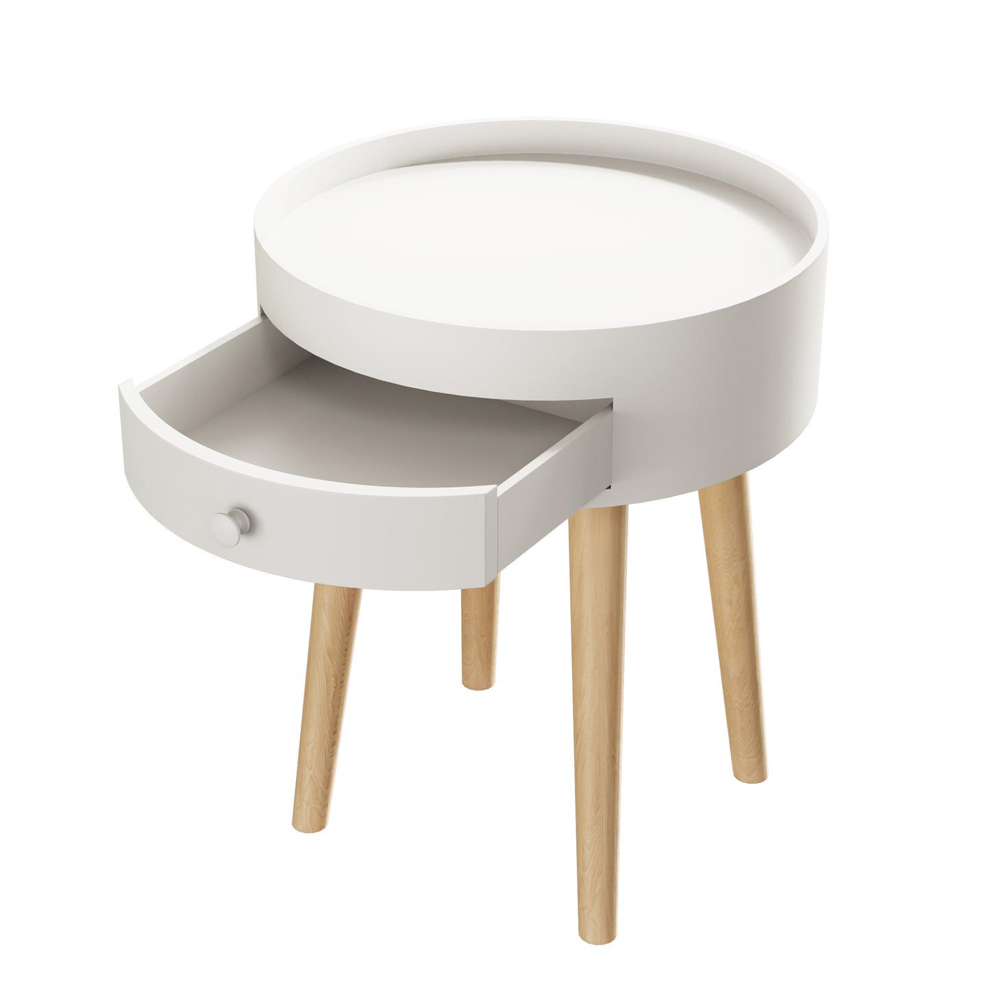 18'H Nightstand with Storage Drawer & Oak Legs Bedside Table, Sofa Side Coffee Table for Bedroom, Living Room, White