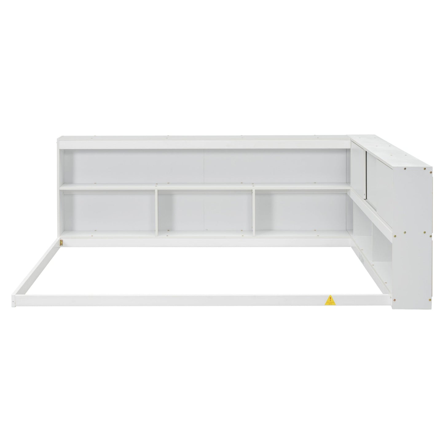 Full Floor Bed with L - shaped Bookcases, sliding doors,without slats,White - Usofuns