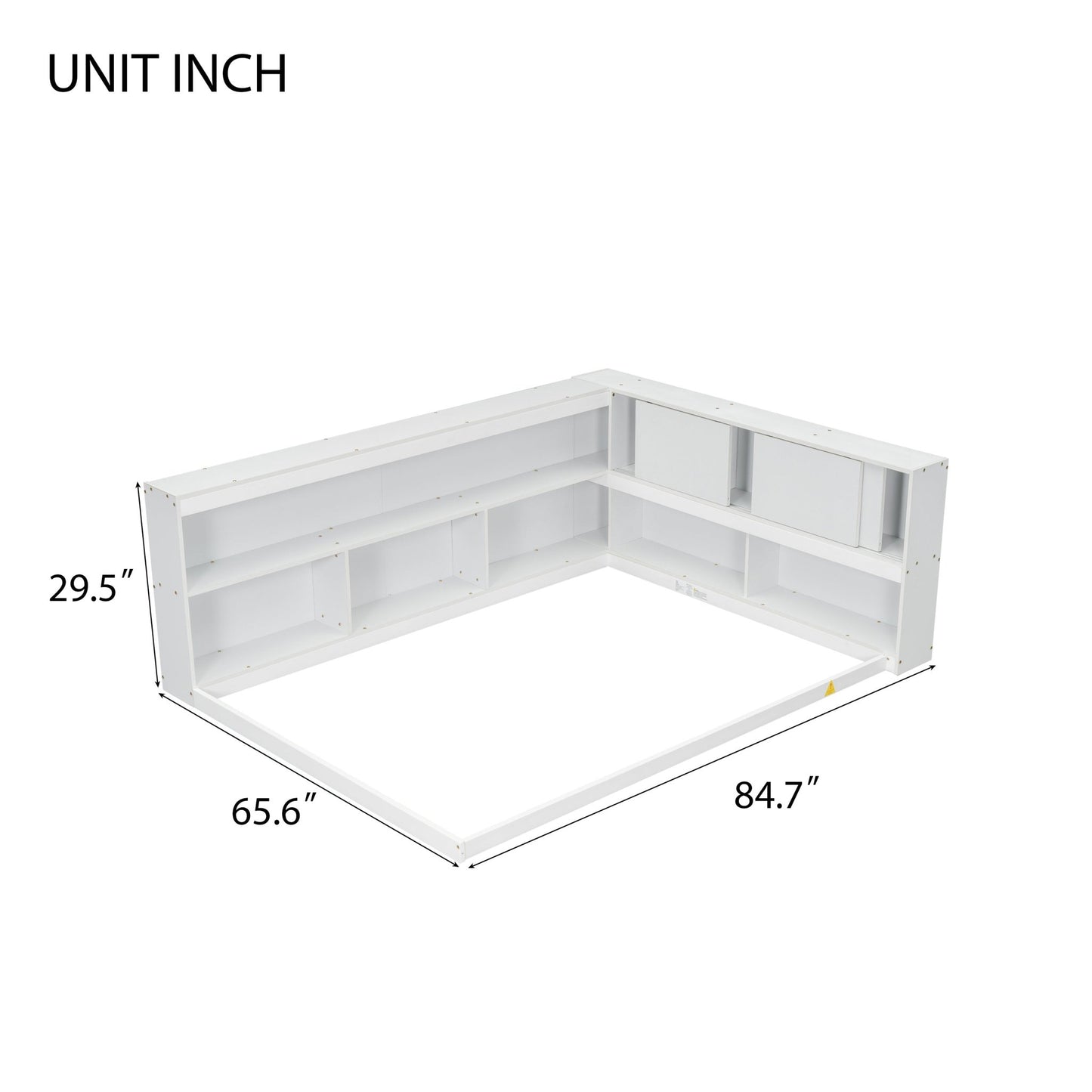 Full Floor Bed with L - shaped Bookcases, sliding doors,without slats,White - Usofuns